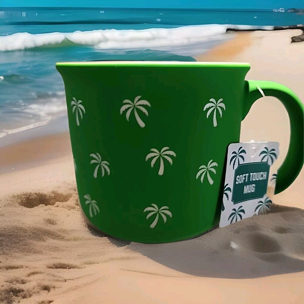 Eccolo Neon Green w White Palm Trees Soft Touch Matte Ceramic Mug Cup New